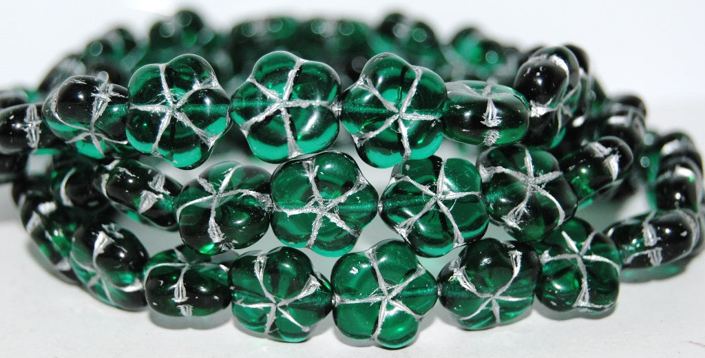 5-Petal Flower Pressed Glass Beads, Transparent Green Emerald 54201 (50720 54201), Glass, Czech Republic