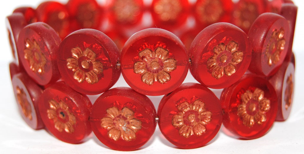 Table Cut Round Beads With Flower, Light Siam 55307 (90070 55307), Glass, Czech Republic