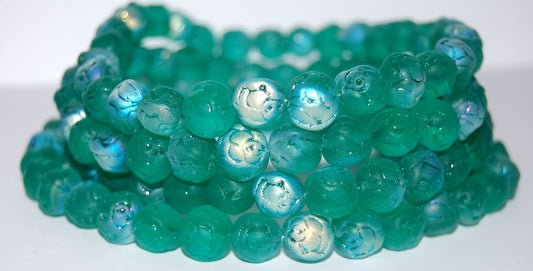 Round Rose Pressed Glass Beads, Transparent Green Emerald Ab (50710 Ab), Glass, Czech Republic