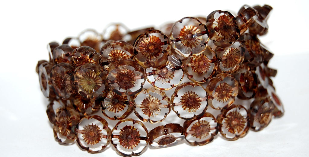 Table Cut Round Beads Hawaii Flowers, Crystal Travertin (30 86800), Glass, Czech Republic