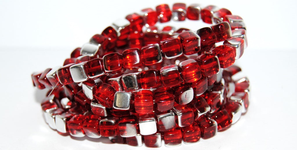 Cube Pressed Glass Beads, Ruby Red Crystal Silver Half Coating (90080 27001), Glass, Czech Republic