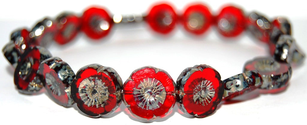 Table Cut Round Beads Hawaii Flowers, Transparent Red 43400 (90090 43400), Glass, Czech Republic