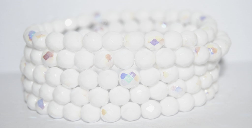 Fire Polished Round Faceted Beads, Chalk White Ab (3000 Ab), Glass, Czech Republic