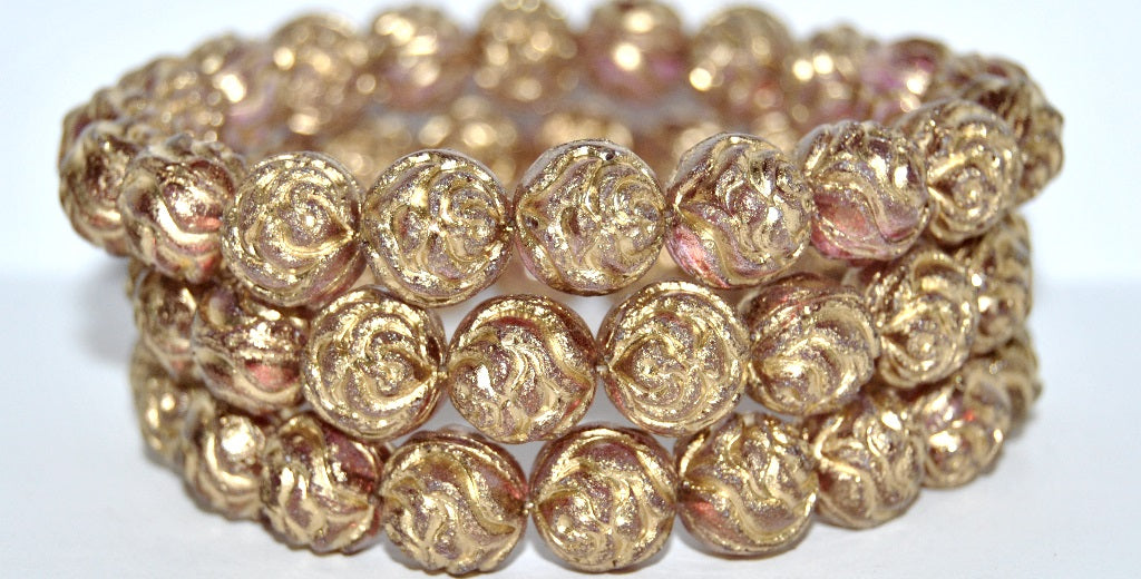Round Rose Pressed Glass Beads, Crystal Luster Red Full Coated 54202 (30 14495 54202), Glass, Czech Republic