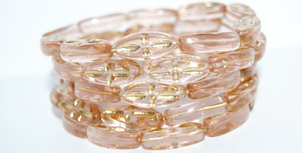 Boat Oval Pressed Glass Beads With Decor, Transparent Pink 54202 (70010 54202), Glass, Czech Republic