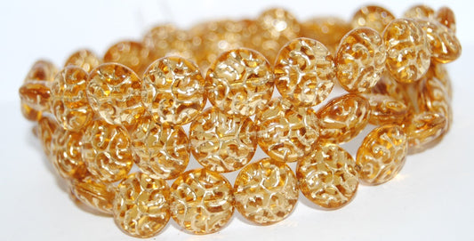 Lentil Round With Ornament Brain Pressed Glass Beads, Transparent Orange 54202 (10030 54202), Glass, Czech Republic