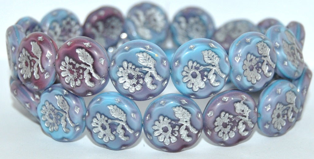 Round Flat With Flower Marguerite Pressed Glass Beads, (67713 54201), Glass, Czech Republic