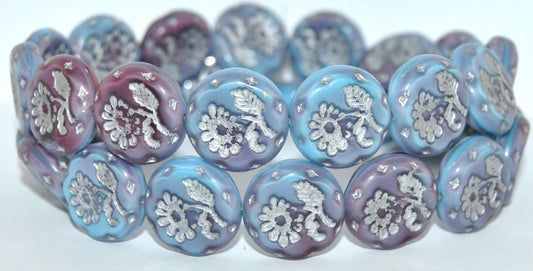 Round Flat With Flower Marguerite Pressed Glass Beads, (67713 54201), Glass, Czech Republic