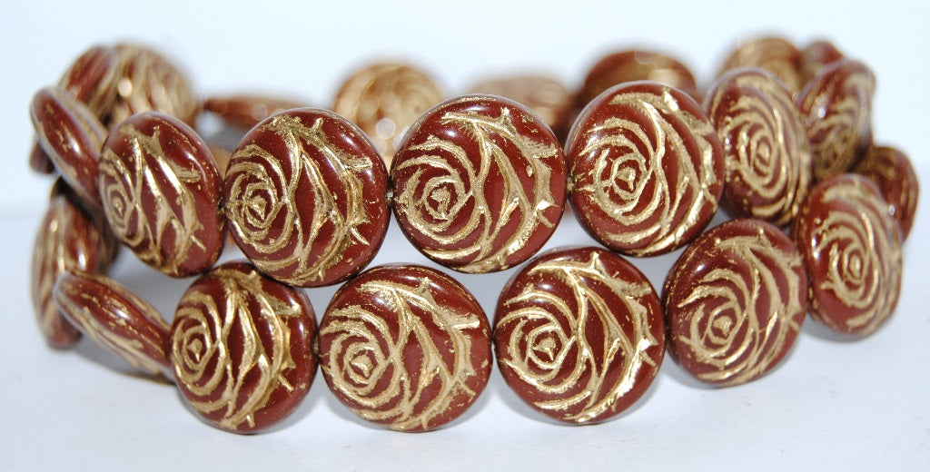 Round Flat Rose Flower Pressed Glass Beads, Opaque Brown 54202 (13610 54202), Glass, Czech Republic