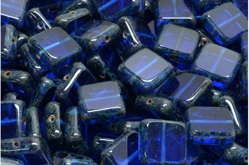 Table Cut Square Beads, Transparent Blue Travertin (30060 86800), Glass, Czech Republic