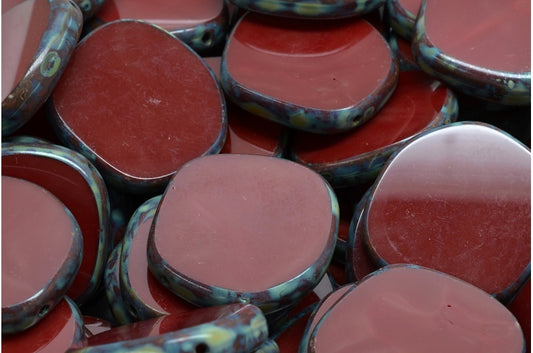 Table Cut 8 Edged Designed Beads, Opaque Red Travertin (93220 86800), Glass, Czech Republic