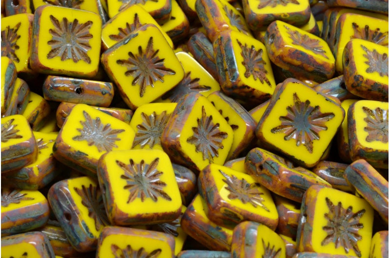 Table Cut Square Kiwi Beads, Yellow Travertin (83120 86800), Glass, Czech Republic