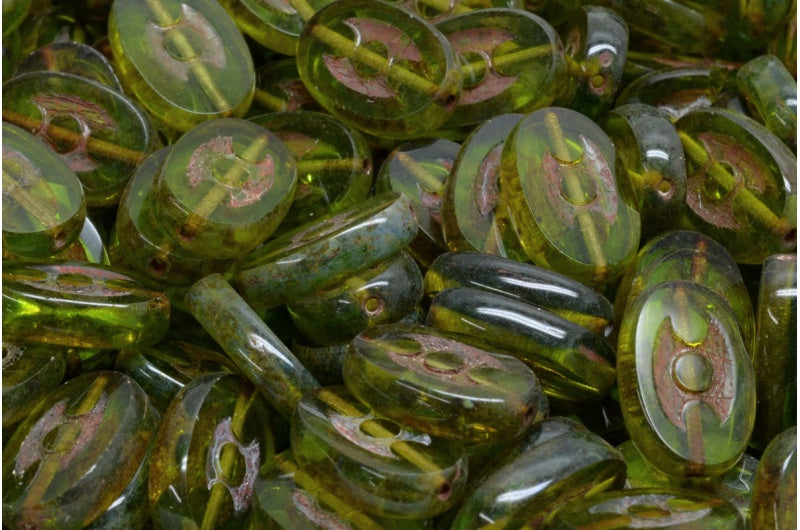 Table Cut 3 Dots Designed Beads, Transparent Green Stain Strong (50230 86805), Glass, Czech Republic