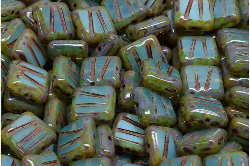 Table Cut Square Designed Beads, Opal Aqua Travertin (61010 86800), Glass, Czech Republic