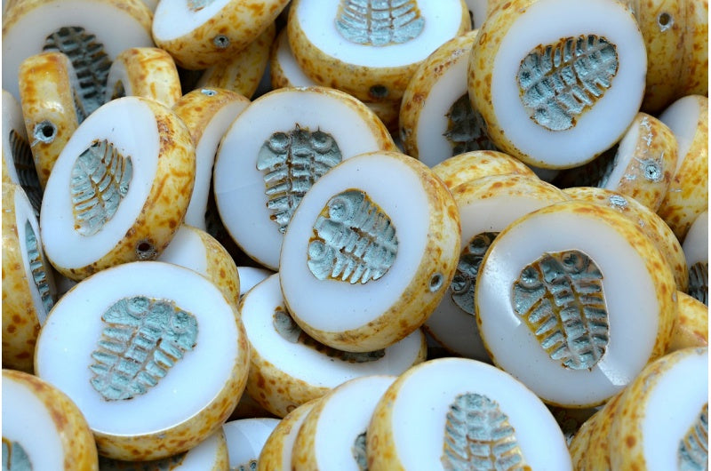 Table Cut Trilobit Beads, White Opal Travertin 54308 (2020 86800 54308), Glass, Czech Republic