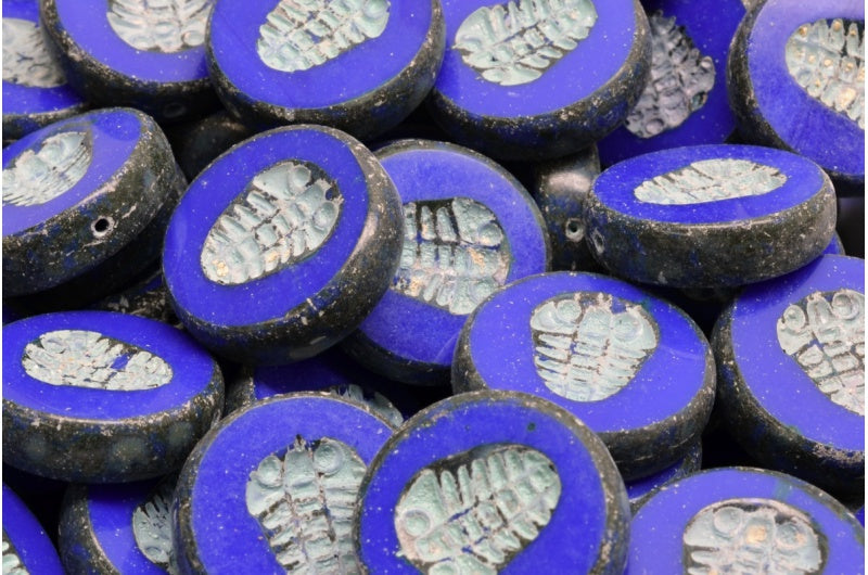 Table Cut Trilobit Beads, Opaque Blue Travertin 54308 (33050 86800 54308), Glass, Czech Republic