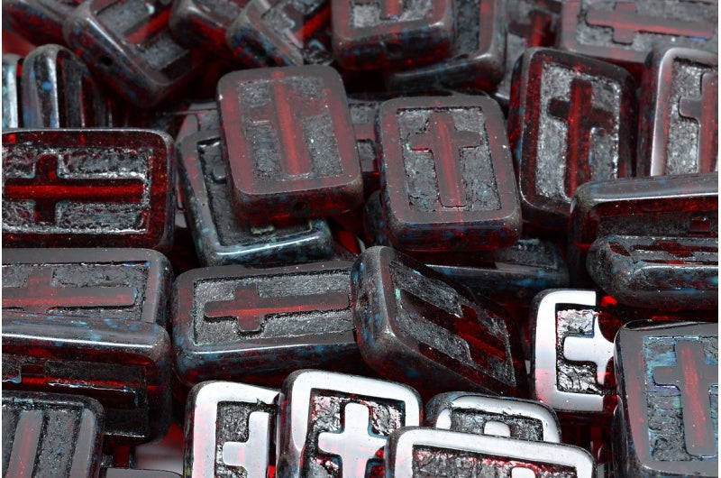 Table Cut Cross Beads, Ruby Red Travertin (90080 86800), Glass, Czech Republic