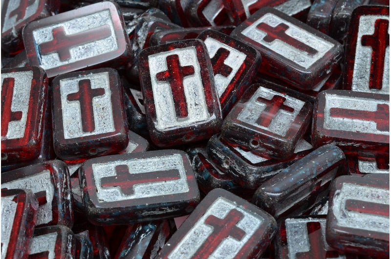 Table Cut Cross Beads, Ruby Red Travertin 54301 (90080 86800 54301), Glass, Czech Republic