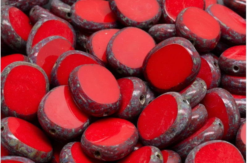 Table Cut Oval Beads, Opaque Red Travertin (93200 86800), Glass, Czech Republic