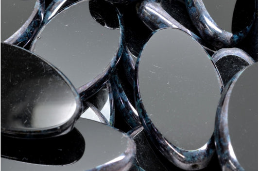Table Cut Flat Oval Beads, Black Luminescent Green (23980 65431), Glass, Czech Republic