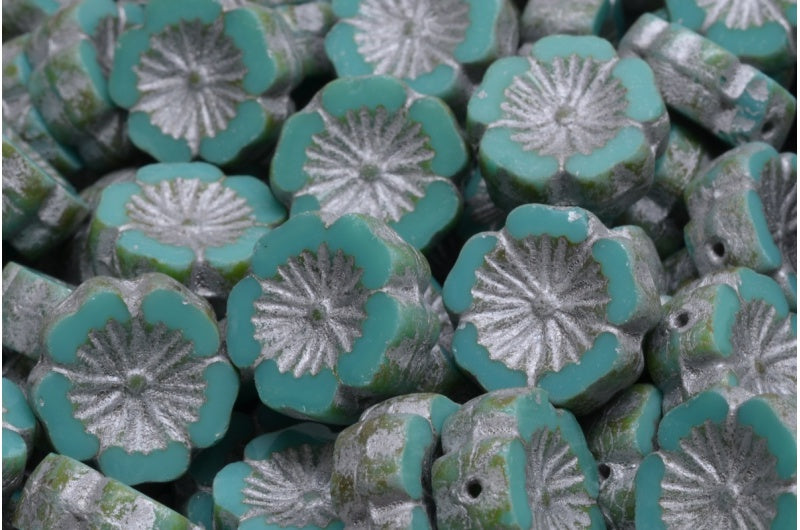 Table Cut Hawaii Flower Beads, Turquoise Travertin 54301 (63130 86800 54301), Glass, Czech Republic