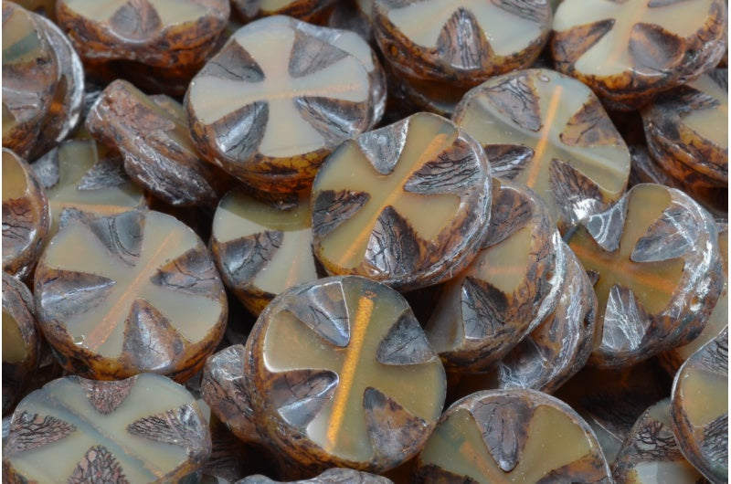 Table Cut Cross Beads, Opal Orange Travertin (11000 86800), Glass, Czech Republic