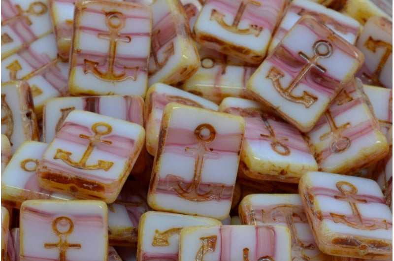 Table Cut Rectangle Beads with Anchor, Opaque Pink Travertin (75010 86800), Glass, Czech Republic