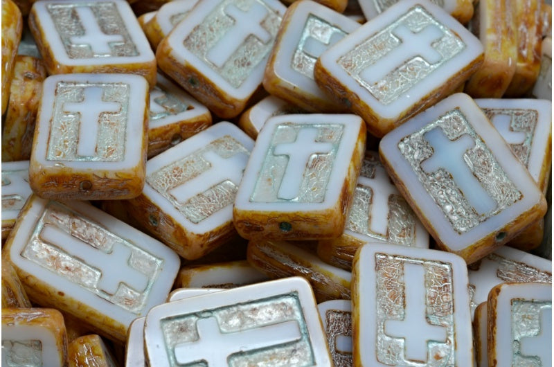 Table Cut Cross Beads, White Opal Travertin 54323 (2020 86800 54323), Glass, Czech Republic