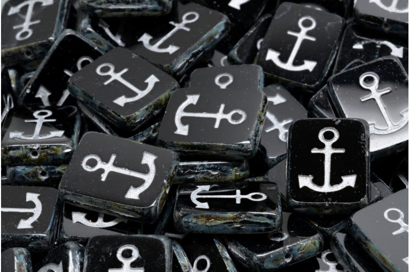 Table Cut Rectangle Beads with Anchor, Black Travertin 54301 (23980 86800 54301), Glass, Czech Republic