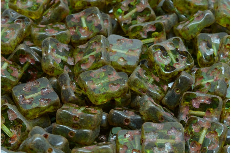 Table Cut Square Designed Beads, Transparent Green Travertin (50020 86800), Glass, Czech Republic