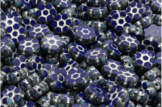 Table Cut Flower Beads 8, Opaque Blue Travertin 54301 (33070 86800 54301), Glass, Czech Republic