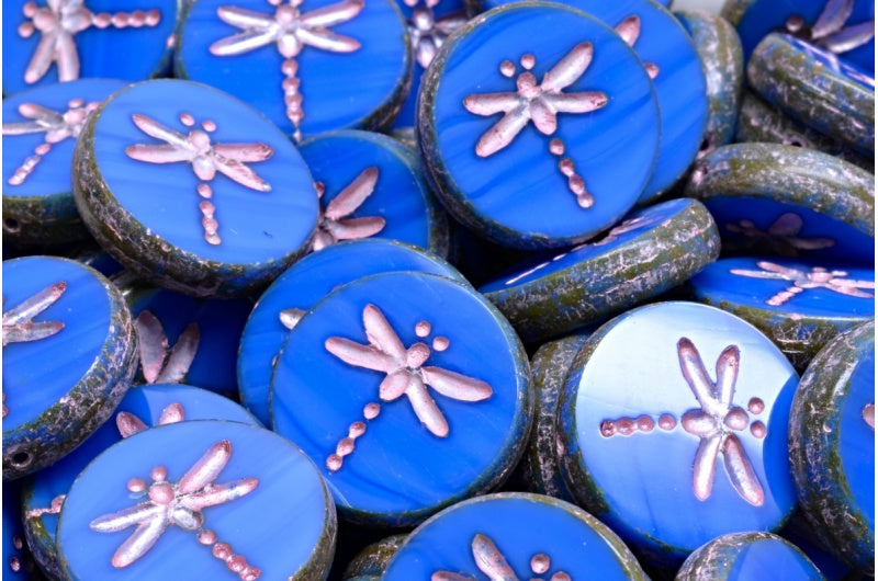 Table Cut Dragonfly Beads , Opaque Blue Travertin 54321 (33040 86800 54321), Glass, Czech Republic