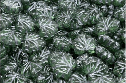 メープルリーフビーズ、透明グリーン、シルバーライン（50500-54301）、ガラス、チェコ共和国