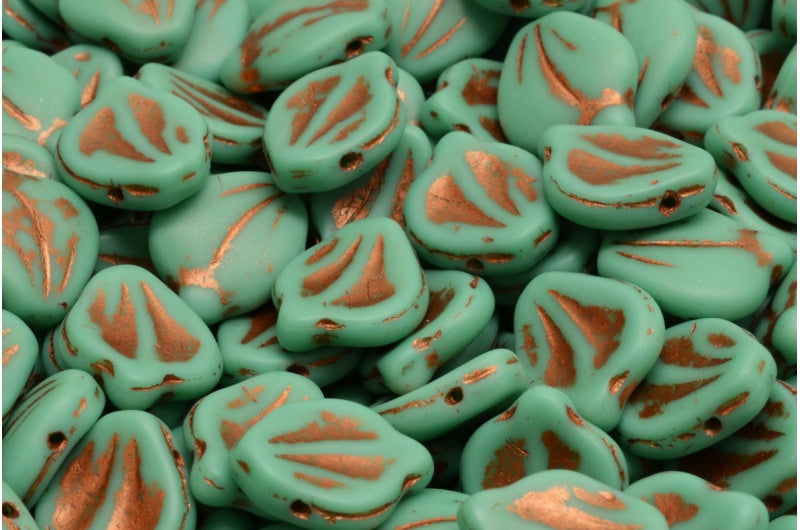 Peony Petal Beads, Opaque Green Matte Copper Lined (53130-84100-54319), Glass, Czech Republic