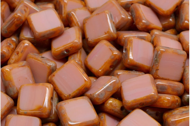 Table Cut Square Beads, Opaque Pink Travertin (73030 86800), Glass, Czech Republic