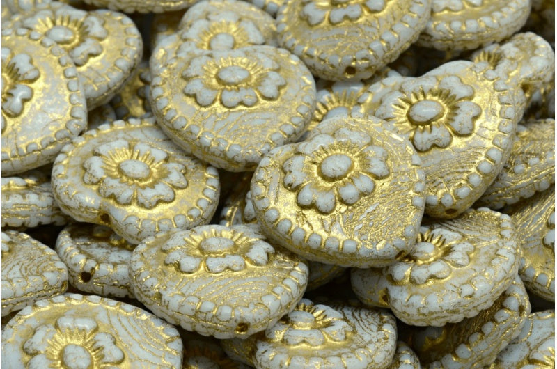 Heart Beads With Rose, White Gold Lined (02010-54302), Glass, Czech Republic