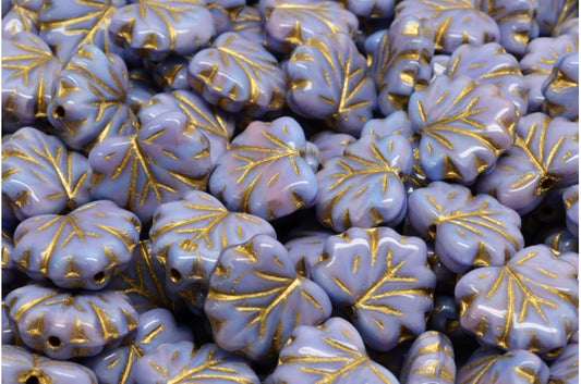 メープルリーフビーズ、不透明ライラックブルー、金線入り（37714-54302）、ガラス、チェコ共和国