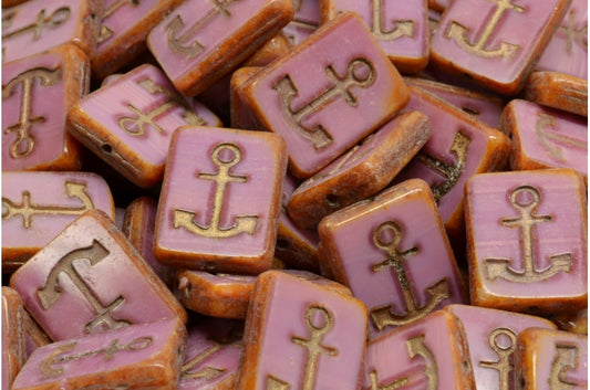 Table Cut Rectangle Beads with Anchor, Opaque Pink Travertin 54302 (74020 86800 54302), Glass, Czech Republic