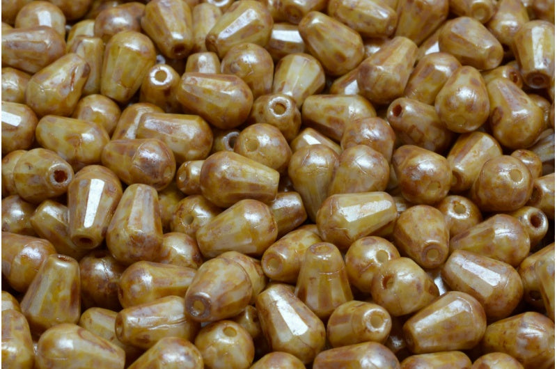 Fire Polish Faceted Teardrop Beads, Chalk White Cream Luster Spotted (03000-65321), Glass, Czech Republic