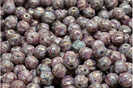Melon Beads, White Teal Terracotta Violet (R2613-15496), Glass, Czech Republic