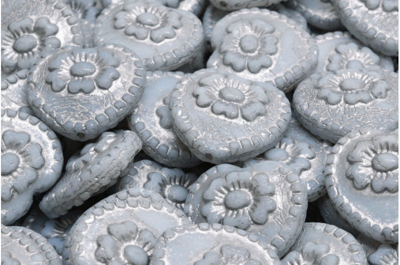 ローズ付きハートビーズ、ホワイトオパールシルバーライン（02020-54301）、ガラス、チェコ共和国