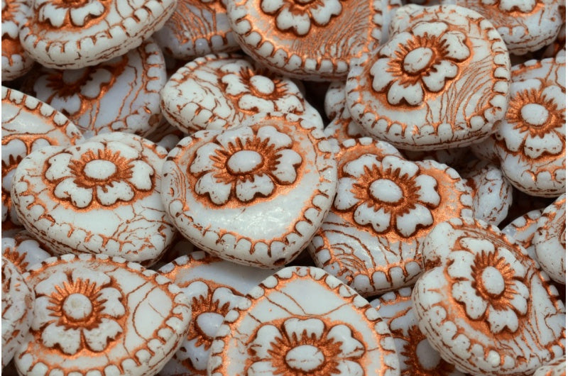 Heart Beads With Rose, White Opal Copper Lined (02020-54319), Glass, Czech Republic