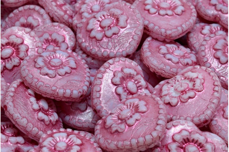 バラ付きハートビーズ、ホワイトオパールピンクライン（02020-54321）、ガラス、チェコ共和国