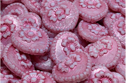 バラ付きハートビーズ、ホワイトオパールピンクライン（02020-54321）、ガラス、チェコ共和国