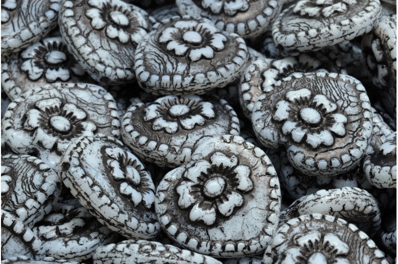 Heart Beads With Rose, White Opal Black Lined (02020-46441), Glass, Czech Republic