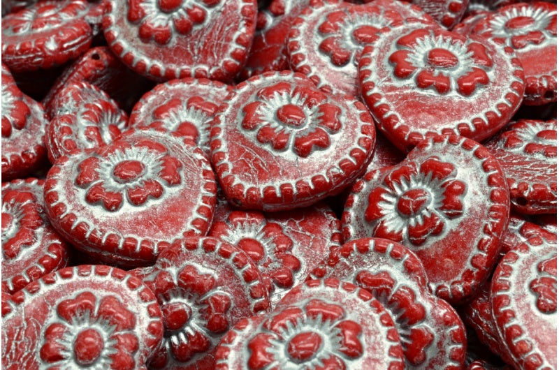 Heart Beads With Rose, Opaque Red Silver Lined (93200-54301), Glass, Czech Republic