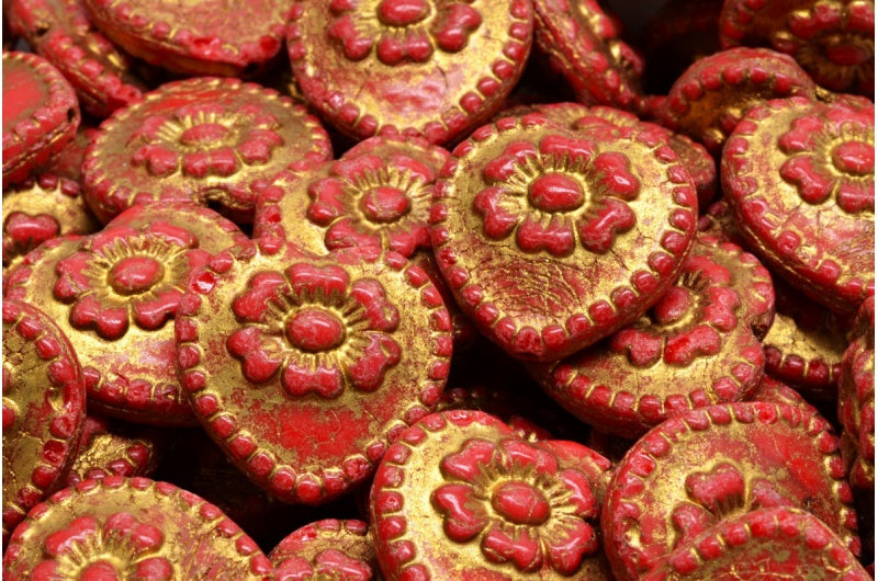 Heart Beads With Rose, Opaque Red Gold Lined (93200-54302), Glass, Czech Republic