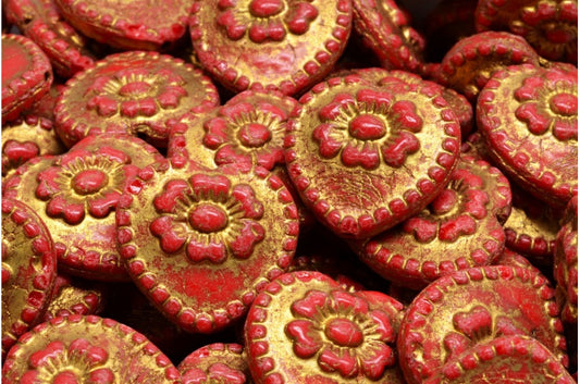 Heart Beads With Rose, Opaque Red Gold Lined (93200-54302), Glass, Czech Republic