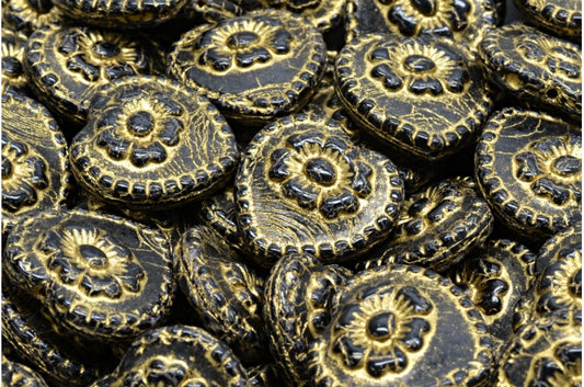 バラ付きハートビーズ、ブラックゴールドライン（23980-54302）、ガラス、チェコ共和国