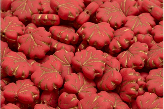 メープルリーフビーズ、不透明レッドゴールドラインマット（93200-54302-84100）、ガラス、チェコ共和国